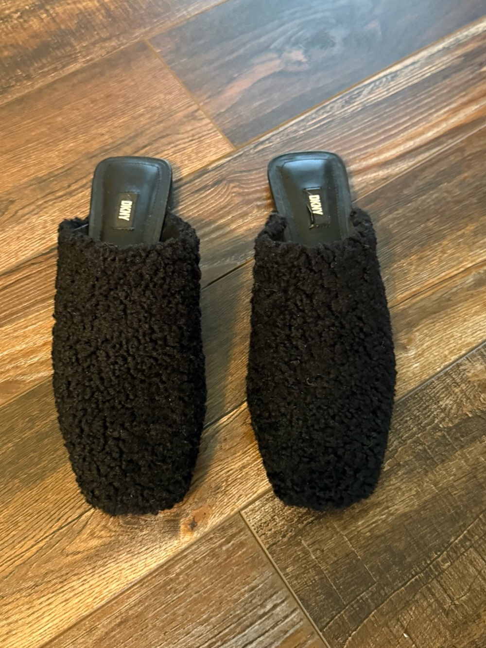 DKNY Black Faux Sherpa Slip-On Mules